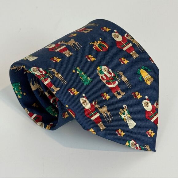 Lands’ End Blue Christmas Silk Tie Santa - Picture 3 of 6